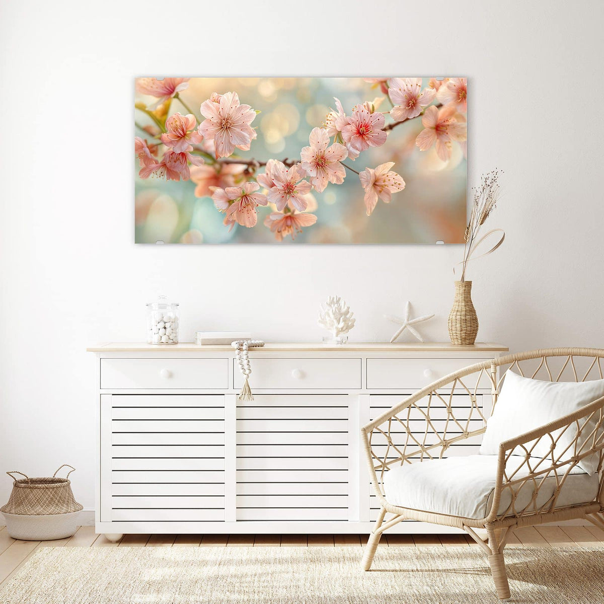 Echtglas, 4 mm – kein Acryl, keine Folie – Wandbild - Kirschzweig in Blüte - Querformat