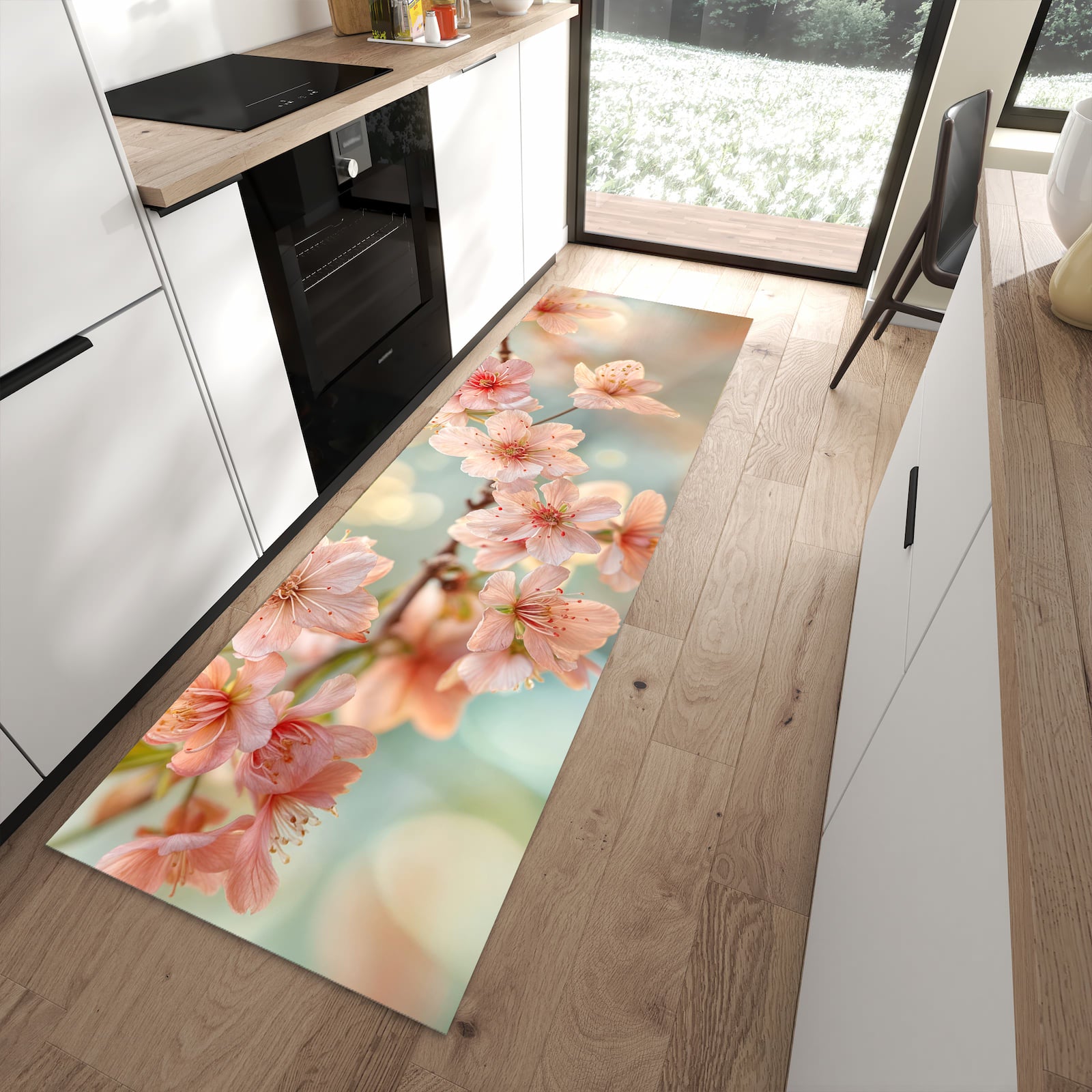 Waschbarer Küchenteppich mit Motiv Kirschblütenzauber in moderner Küche
