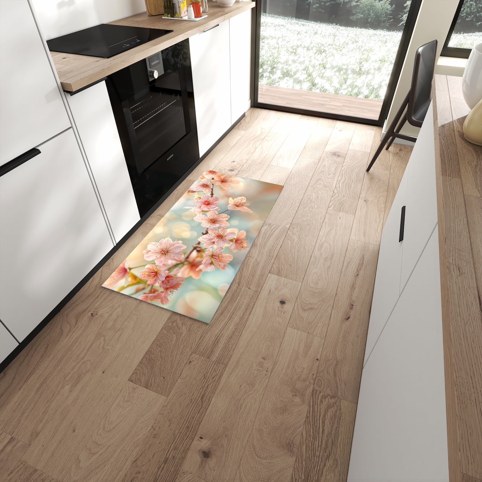 Flacher Küchenteppich mit Motiv Kirschblütenzauber in moderner Küche #grösse_60 x 120 cm