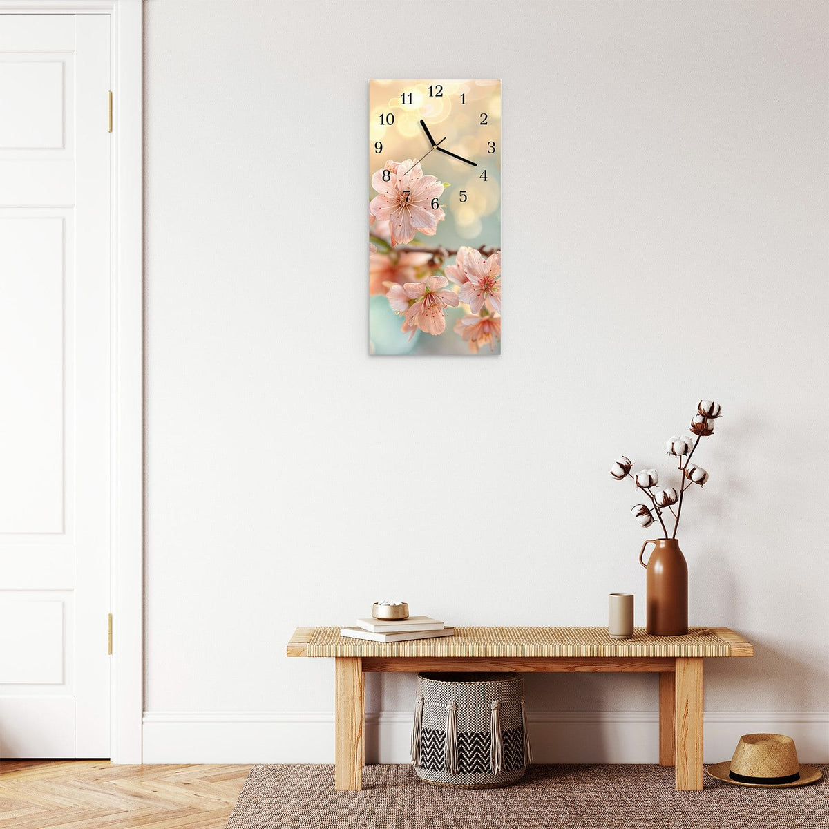 Moderne Wanduhr aus Glas mit Farbtiefe – Wanduhr Kirschblütenzauber aus Glas – Hochformat 30 × 60 cm