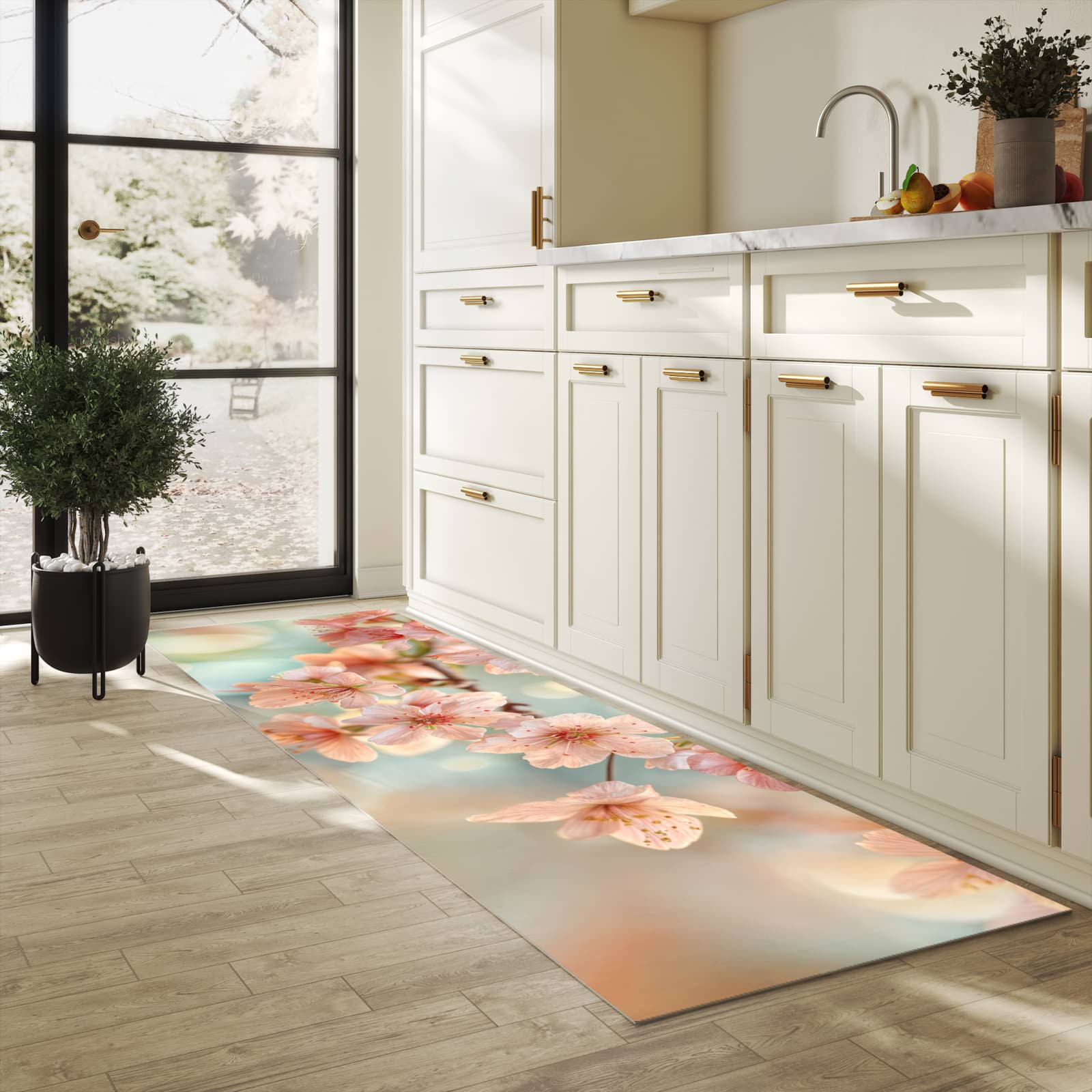 Flacher rutschfester Küchenläufer mit Motiv Kirschblütenzauber in heller Küche
