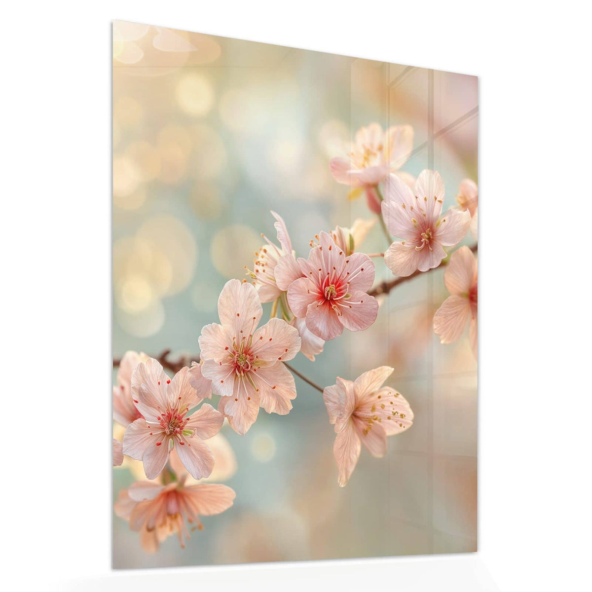 Echtglas, 4 mm – kein Acryl, keine Folie – Wandbild - Kirschzweig in Blüte - Hochformat