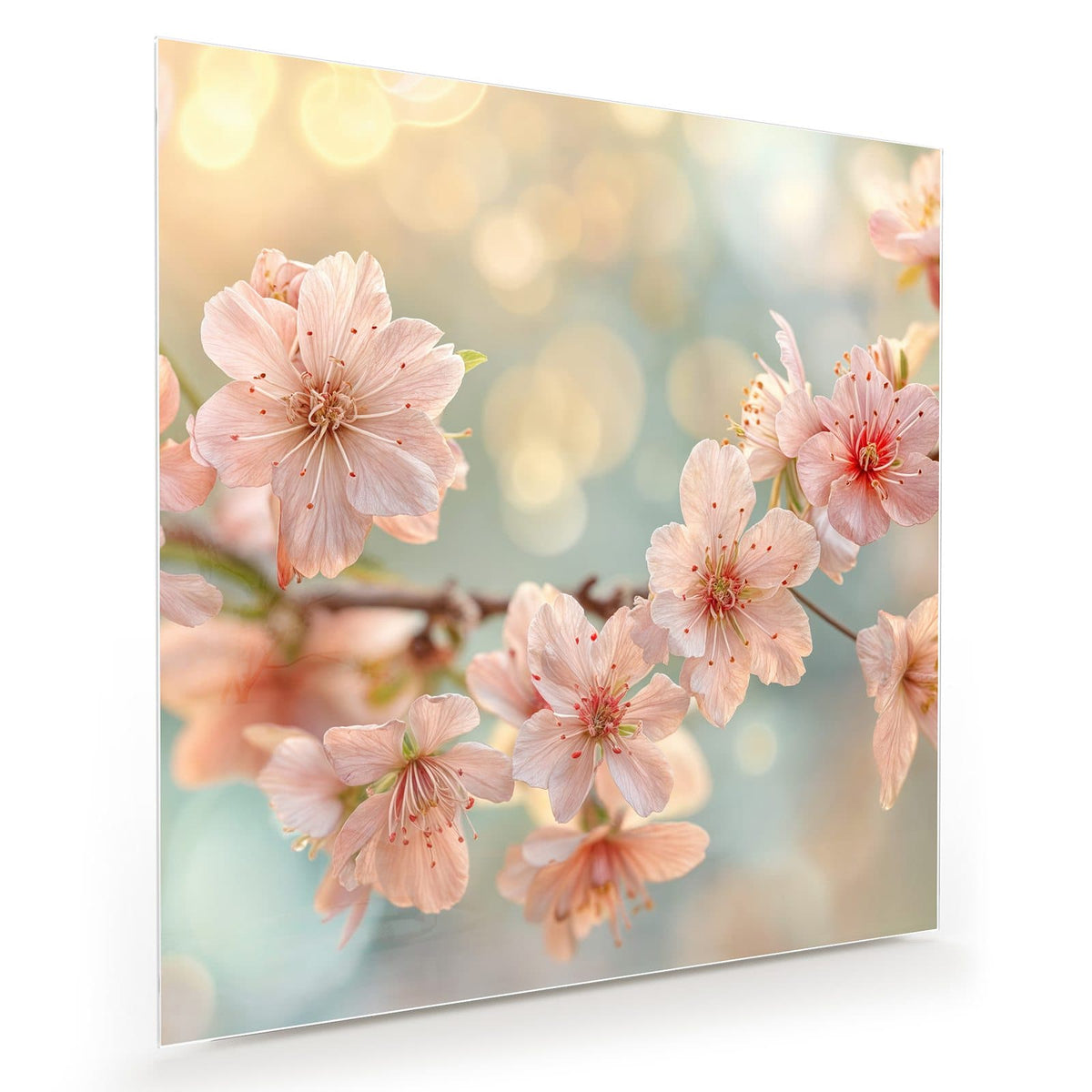 Pfirsichfarbene Kirschblüten an einem Zweig vor goldgrünem Bokeh