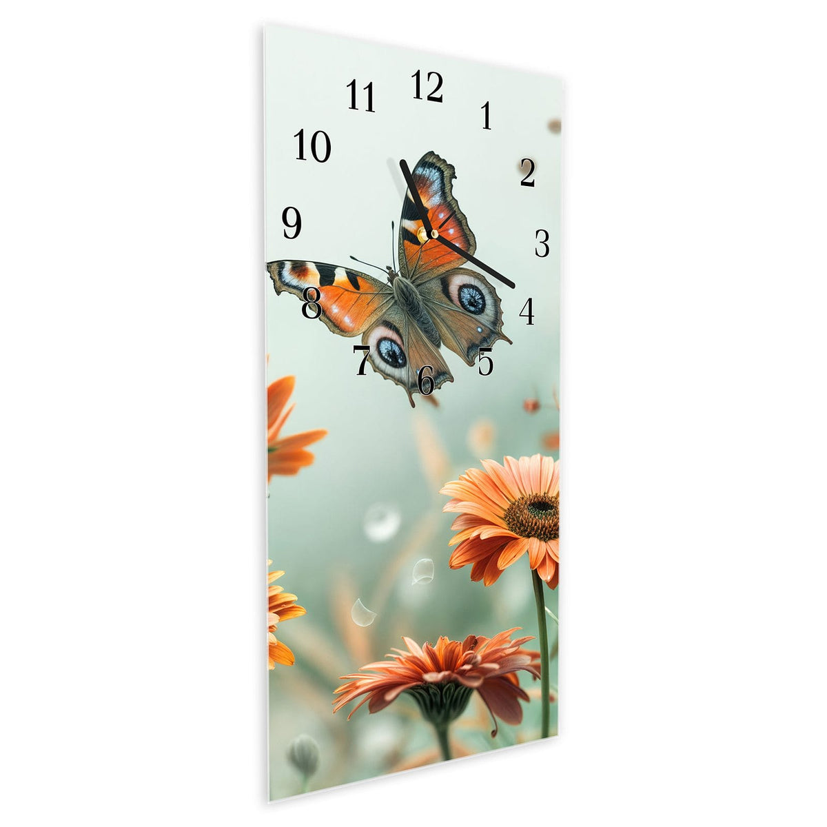 Vormontiert – mit Schwebeeffekt – Wanduhr Schmetterling Wiese aus Glas – Hochformat 30 × 60 cm