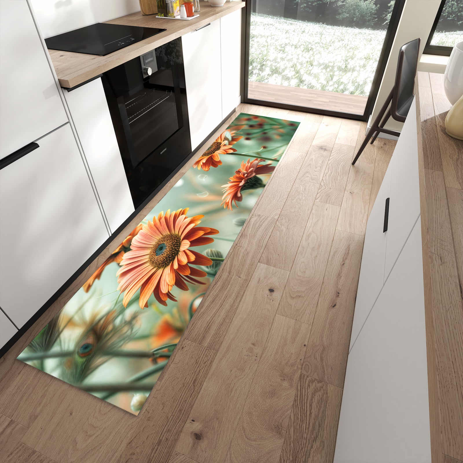 Geräuschdämpfender waschbarer Küchenläufer mit Motiv Schmetterling Wiese in moderner Küche