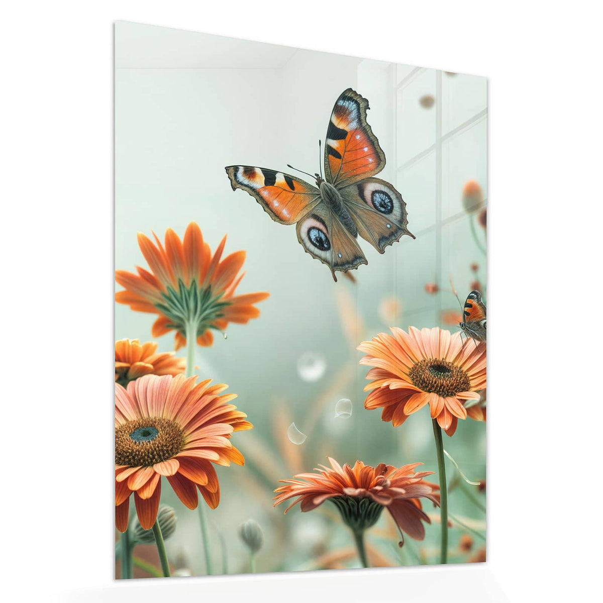 Echtglas, 4 mm – kein Acryl, keine Folie – Wandbild - Falter und Gerbera - Hochformat