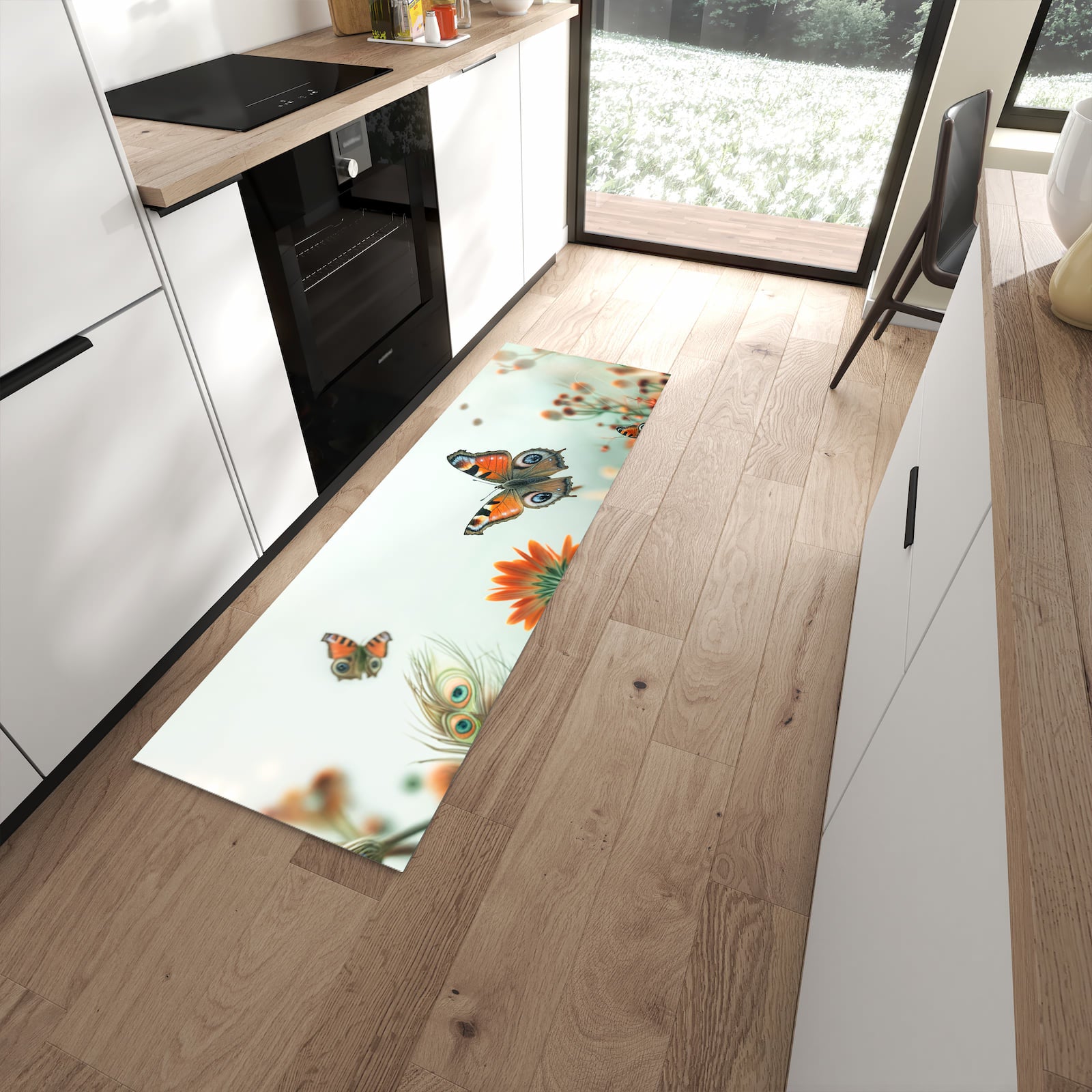 Sicherer Küchenläufer mit Motiv Schmetterling Wiese in moderner Küche