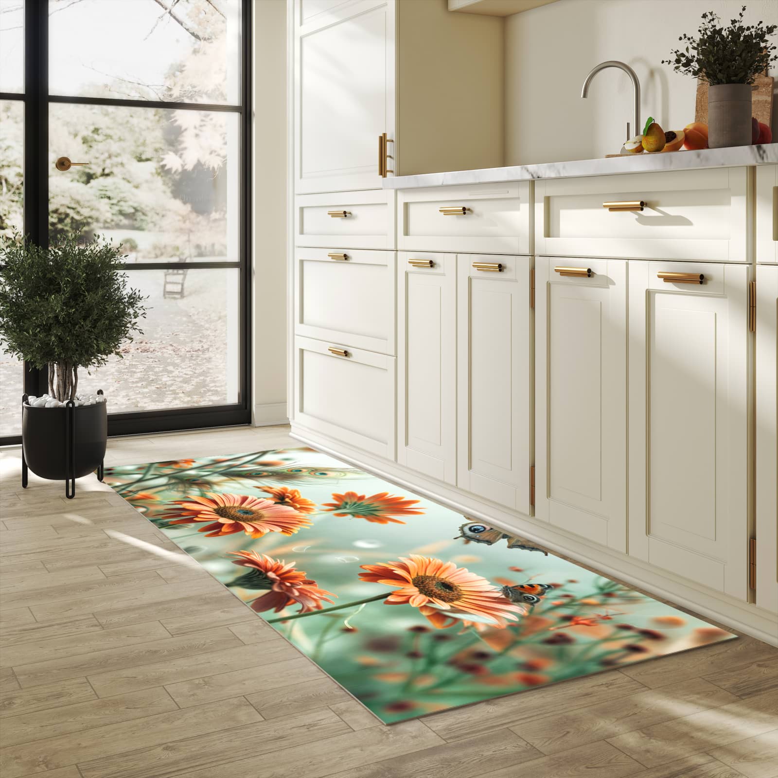 Zeitsparender Küchenteppich mit Motiv Schmetterling Wiese in heller Küche - leicht waschbar