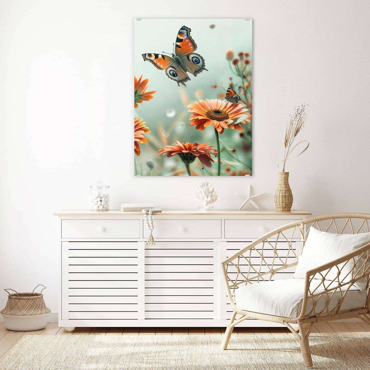 Aufhängung liegt bei – Motiv später wechselbar – Wandbild - Falter und Gerbera - Hochformat
