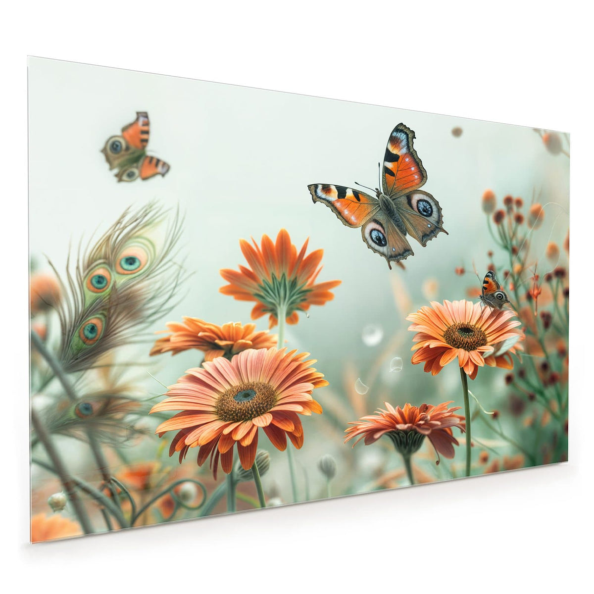 Küchenrückwand aus Glas im Hochformat: Orange Gerberablüten mit einem großen Tagpfauenauge im Flug, ein zweiter Falter rechts