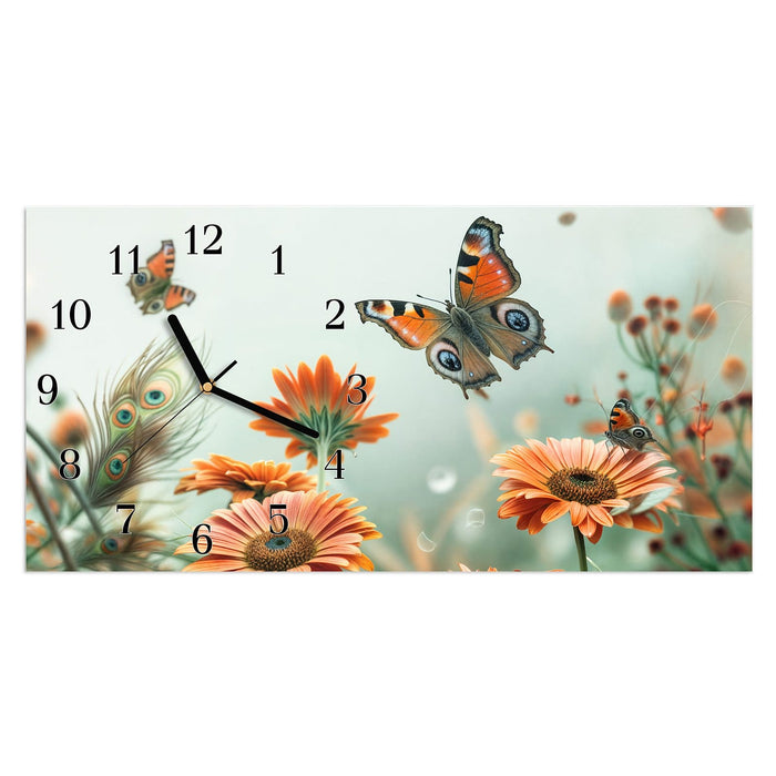 Wanduhr Schmetterling Wiese aus Glas – Querformat 60 × 30 cm mit Ziffernblatt Klassisch