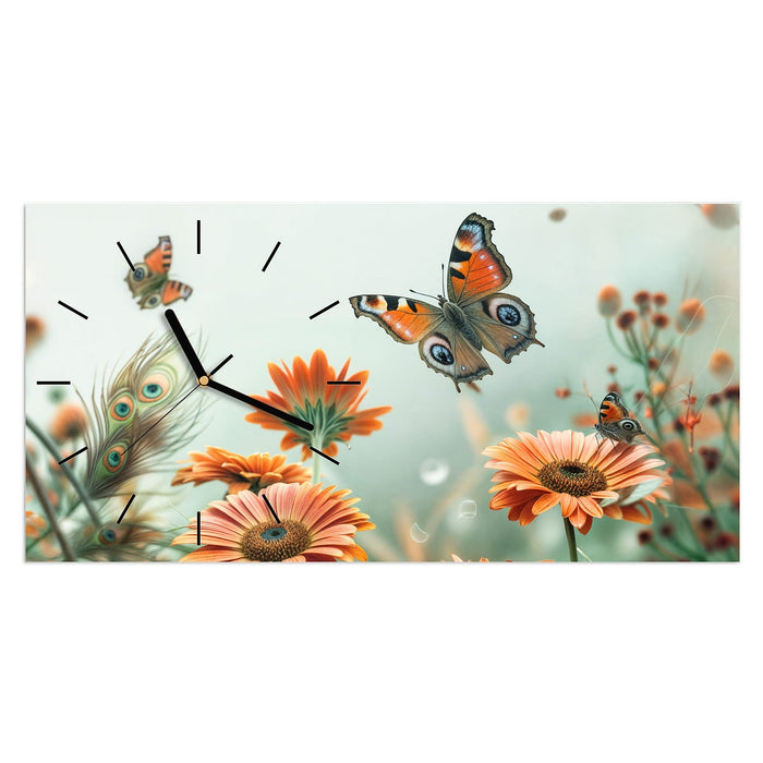 Wanduhr Schmetterling Wiese aus Glas – Querformat 60 × 30 cm mit Ziffernblatt Linie