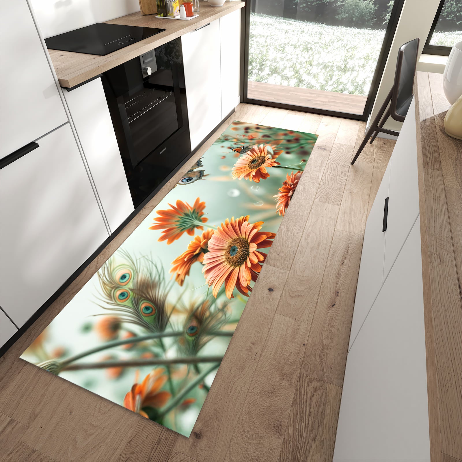 Wasserabweisender Küchenteppich mit Motiv Schmetterling Wiese in moderner Küche