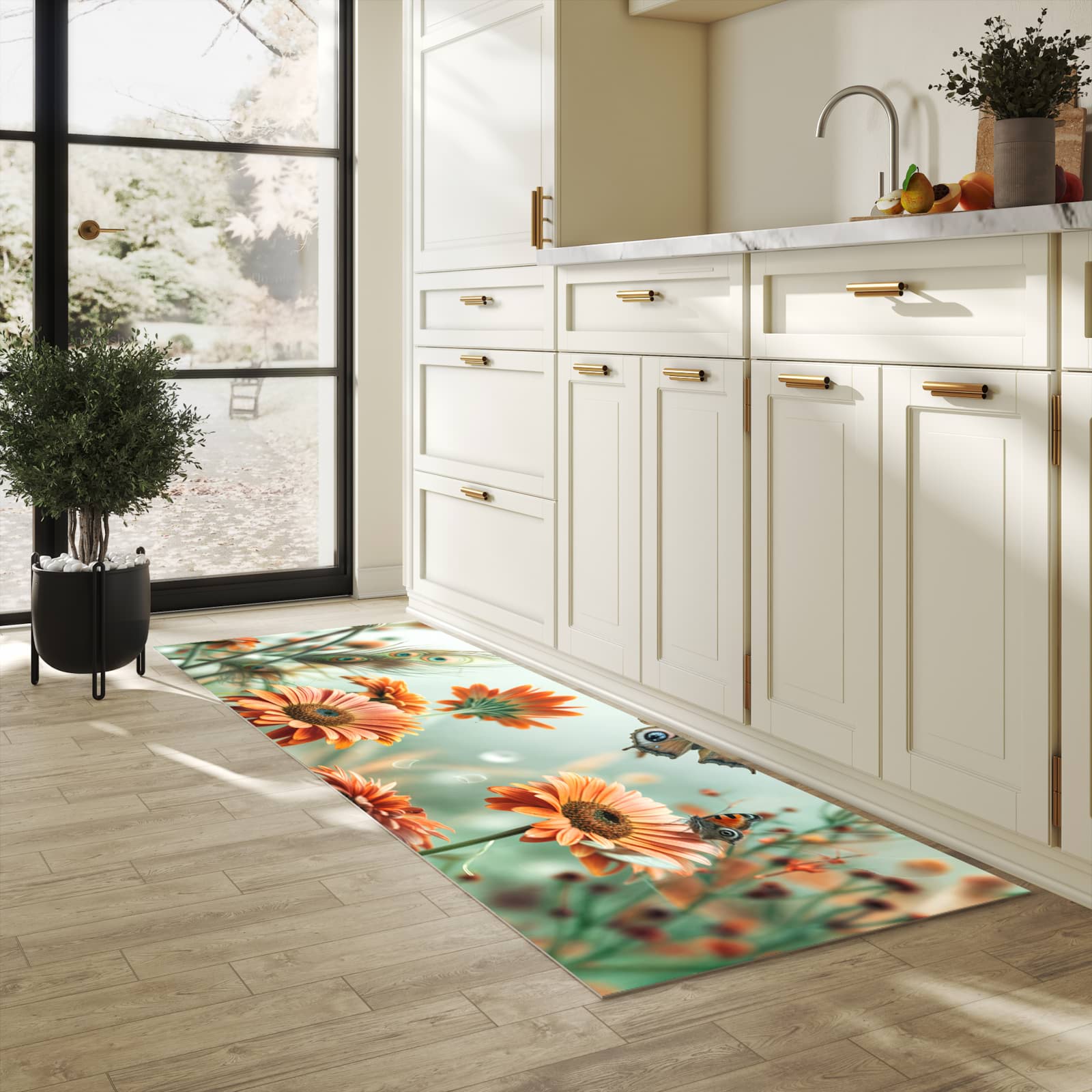 Bodenschonender waschbarer Küchenteppich mit Motiv Schmetterling Wiese in heller Küche