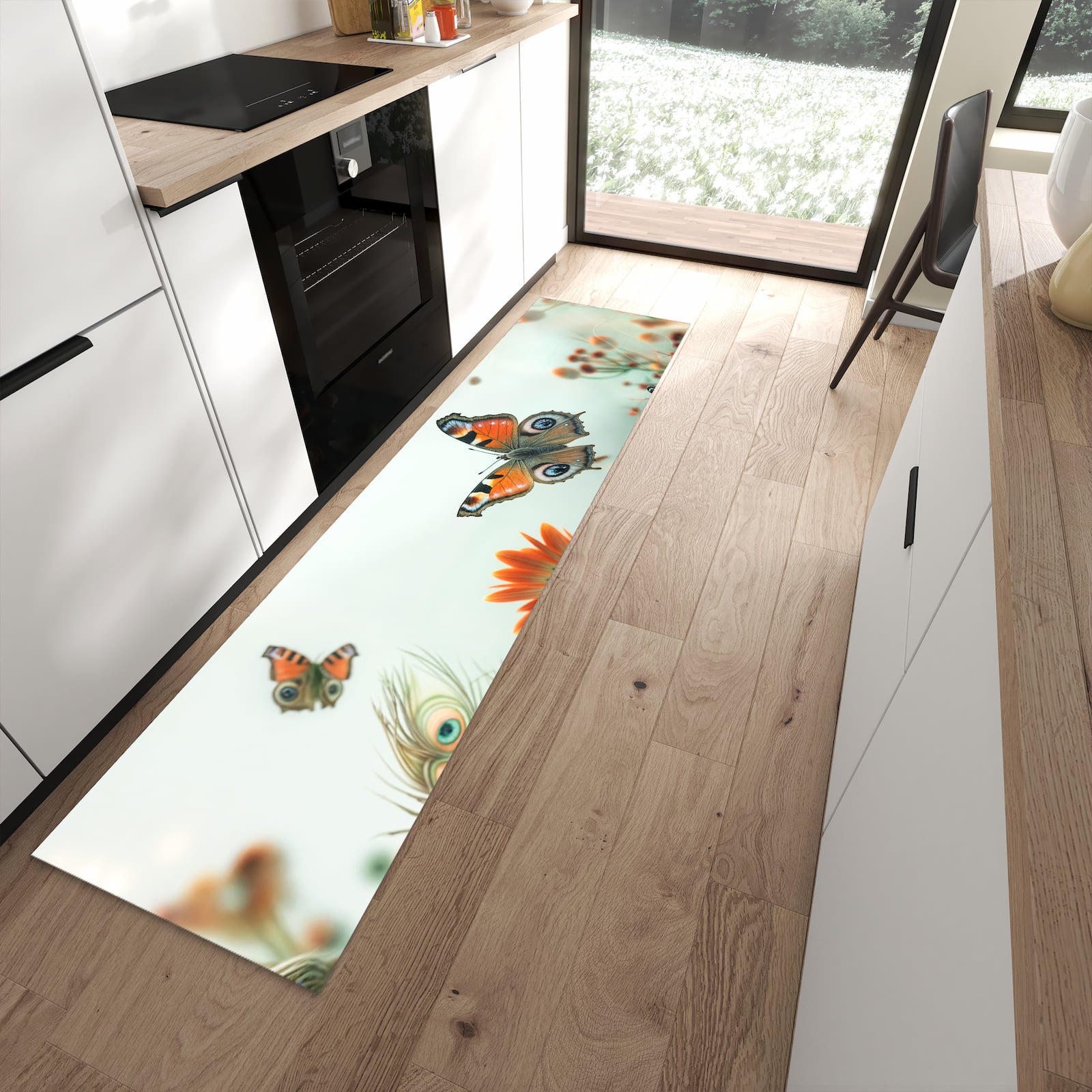 Zeitsparender Küchenläufer nach Maß mit Motiv Schmetterling Wiese in moderner Küche