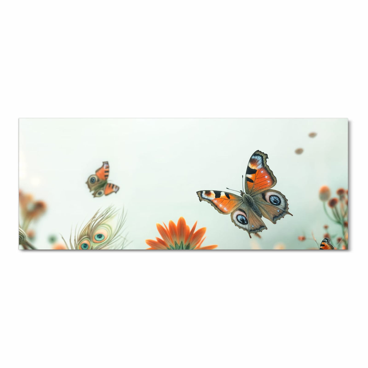 Orange Gerberablüten mit einem großen Tagpfauenauge im Flug, ein zweiter Falter rechts