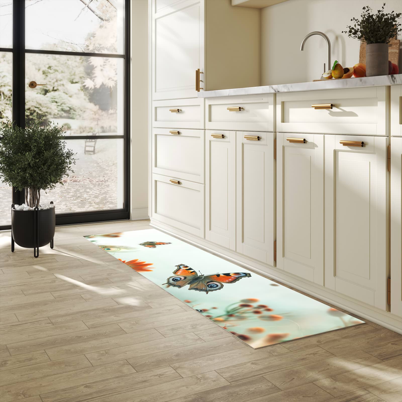 Langlebiger Teppich für Esstisch mit Motiv Schmetterling Wiese in heller Küche, waschbar