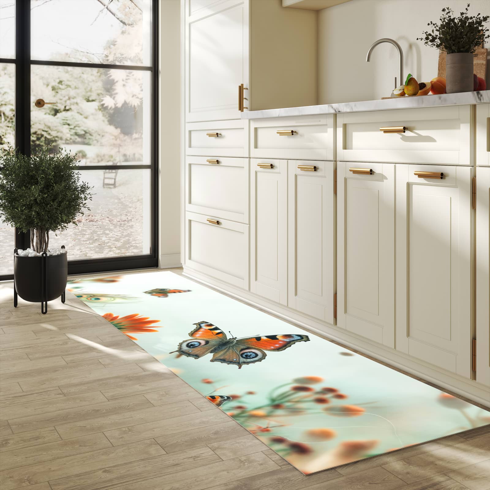 Formstabiler rutschfester Küchenteppich mit Motiv Schmetterling Wiese in heller Küche