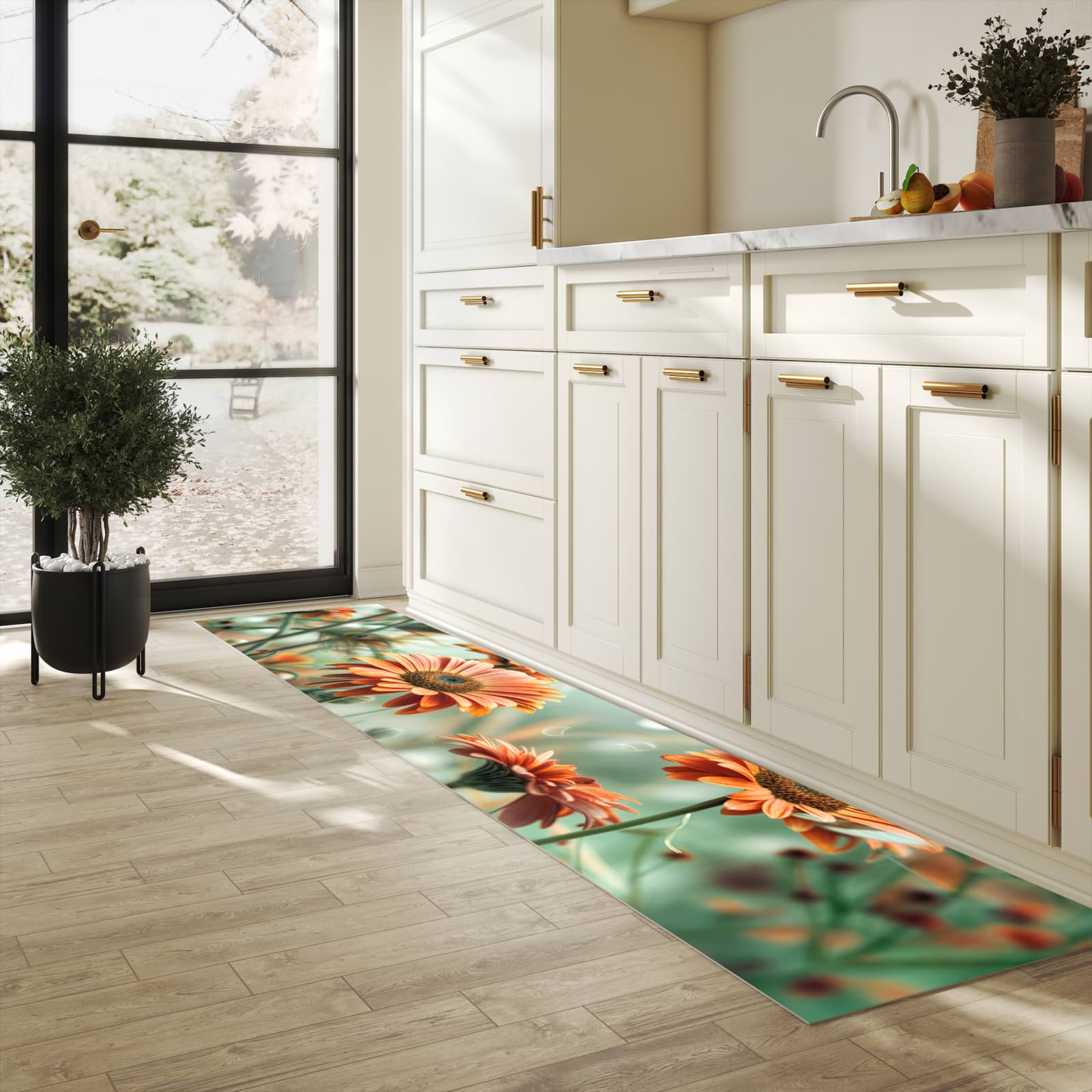 Feuchtigkeitsresistenter Bodenläufer mit Motiv Schmetterling Wiese in heller Küche