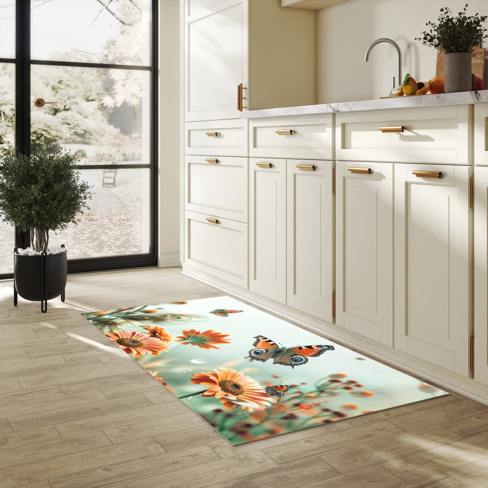 Küchenteppich mit Motiv Schmetterling Wiese in heller Küche für sicheres Aufbewahren