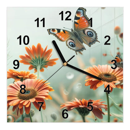 Wanduhr Quadratisch mit dem Motiv Falter und Gerbera