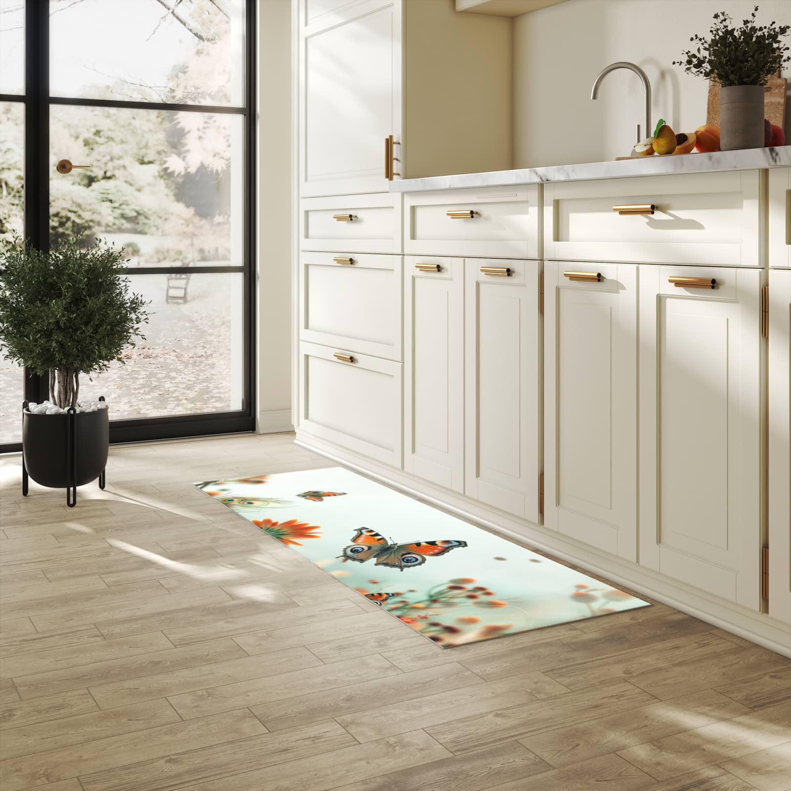 Waschbarer Teppich fürs Esszimmer mit Motiv Schmetterling Wiese in heller Küche