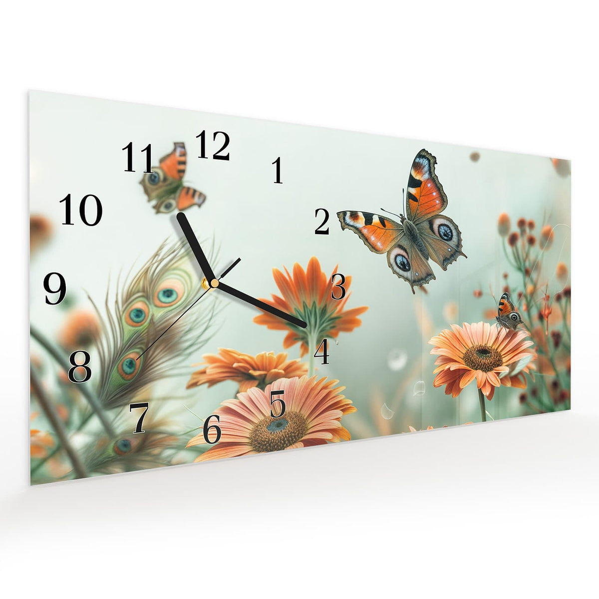 Vormontiert – mit Schwebeeffekt – Wanduhr Schmetterling Wiese aus Glas – Querformat 60 × 30 cm