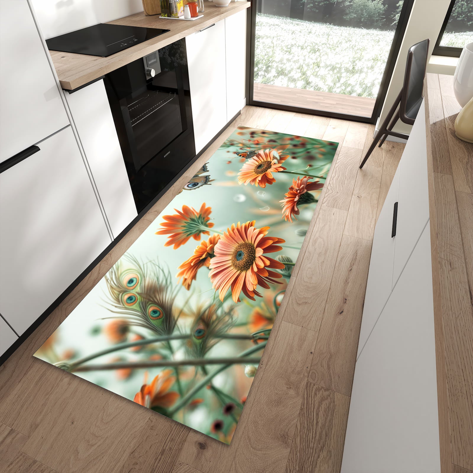 Langlebiger Küchenteppich mit Motiv Schmetterling Wiese in moderner Küche