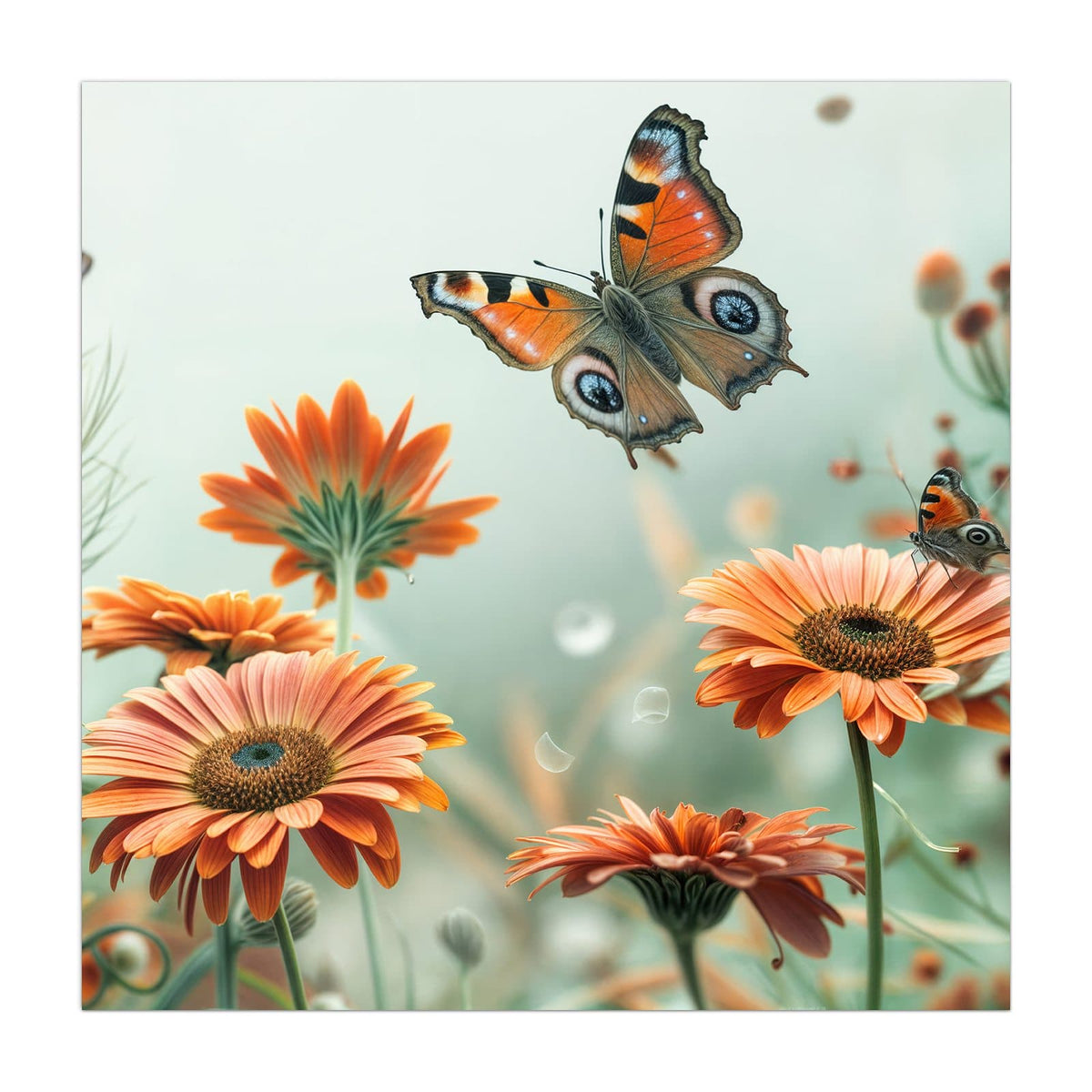 Orange Gerberablüten mit einem großen Tagpfauenauge im Flug, ein zweiter Falter rechts