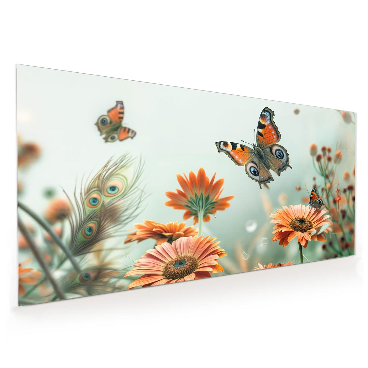 Küchenrückwand aus Glas im Hochformat: Orange Gerberablüten mit einem großen Tagpfauenauge im Flug, ein zweiter Falter rechts