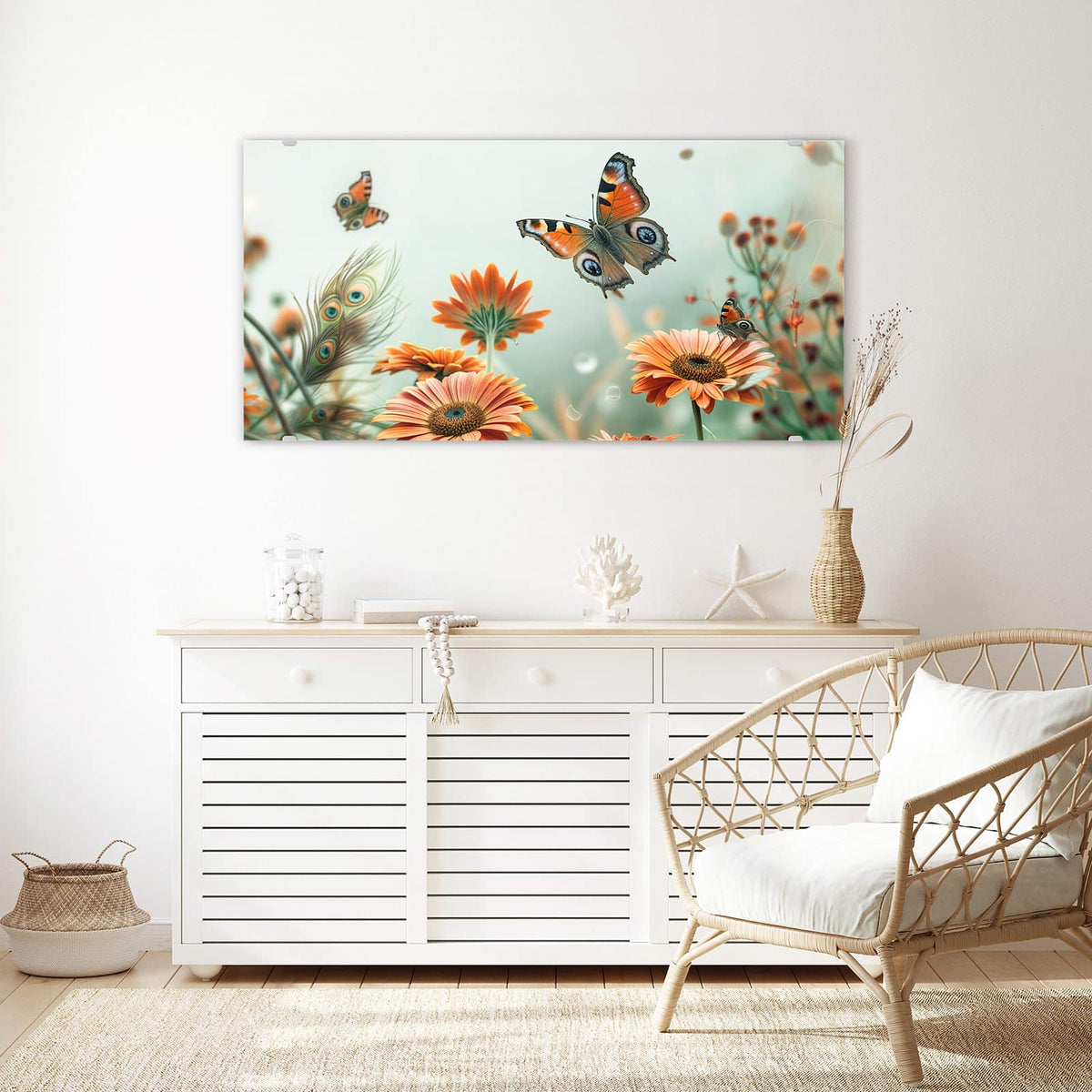 Echtglas, 4 mm – kein Acryl, keine Folie – Wandbild - Falter und Gerbera - Querformat