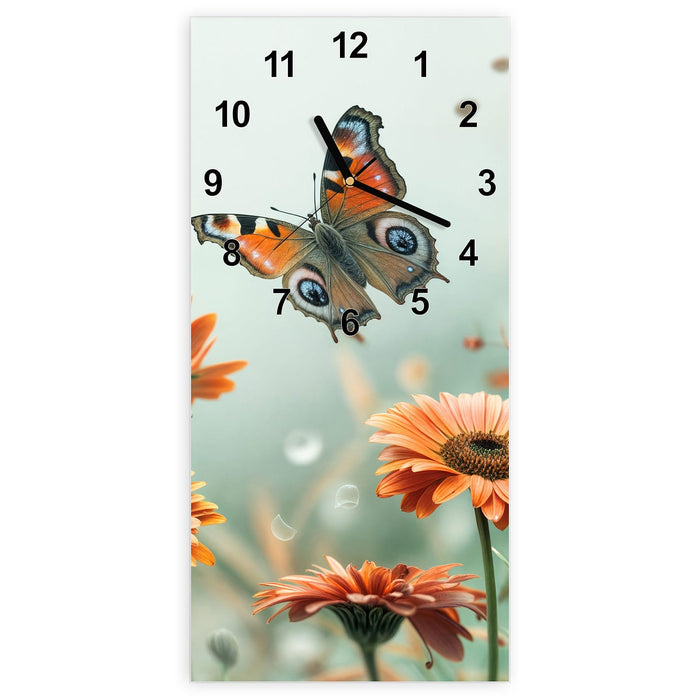 Wanduhr Schmetterling Wiese aus Glas – Hochformat 30 × 60 cm mit Ziffernblatt Modern