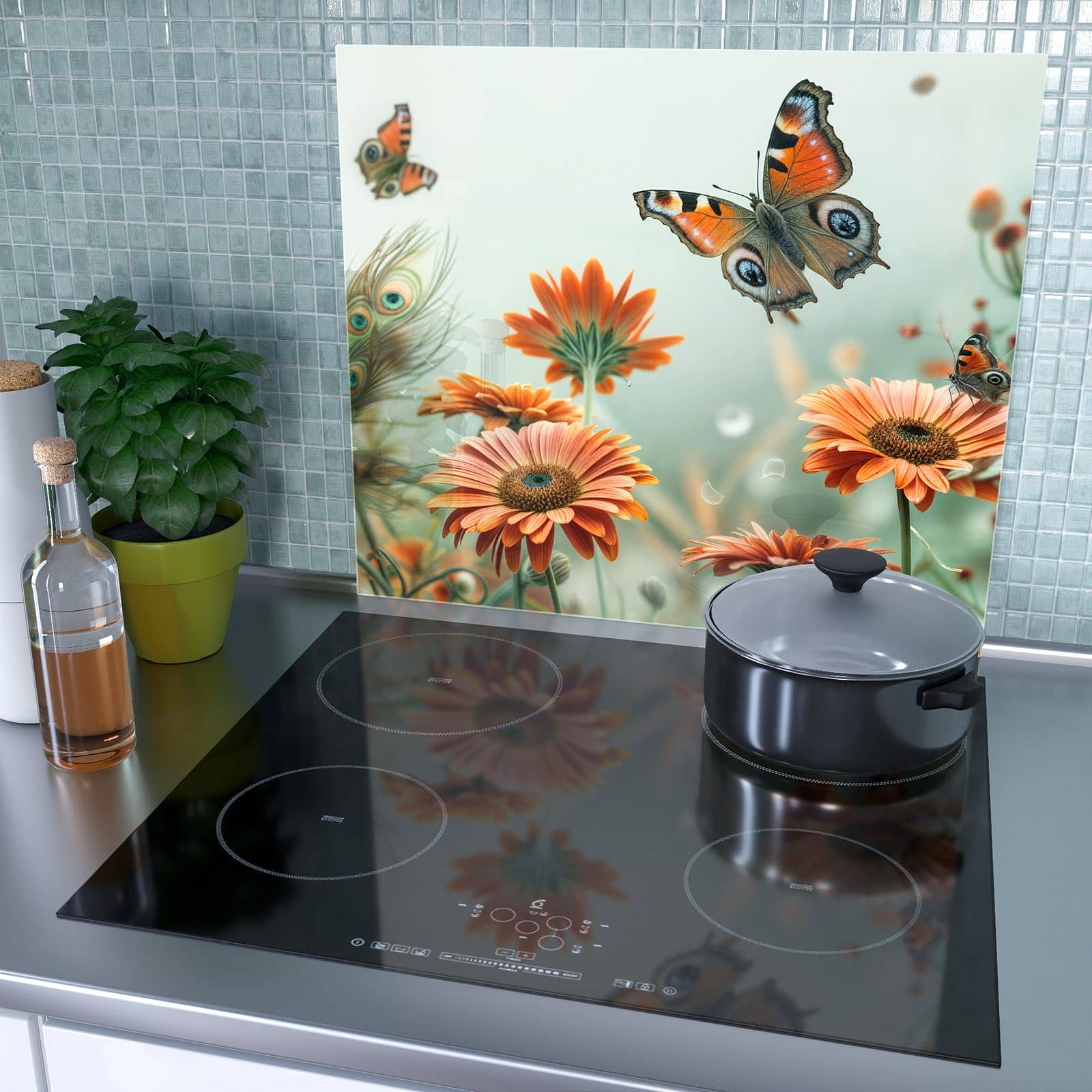 1-teilige Abdeckplatte Induktionsherd mit Schmetterling Wiese-Motiv als Spritzschutz hinter dem Kochfeld