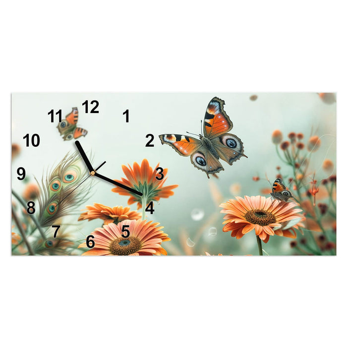 Wanduhr Schmetterling Wiese aus Glas – Querformat 60 × 30 cm mit Ziffernblatt Modern