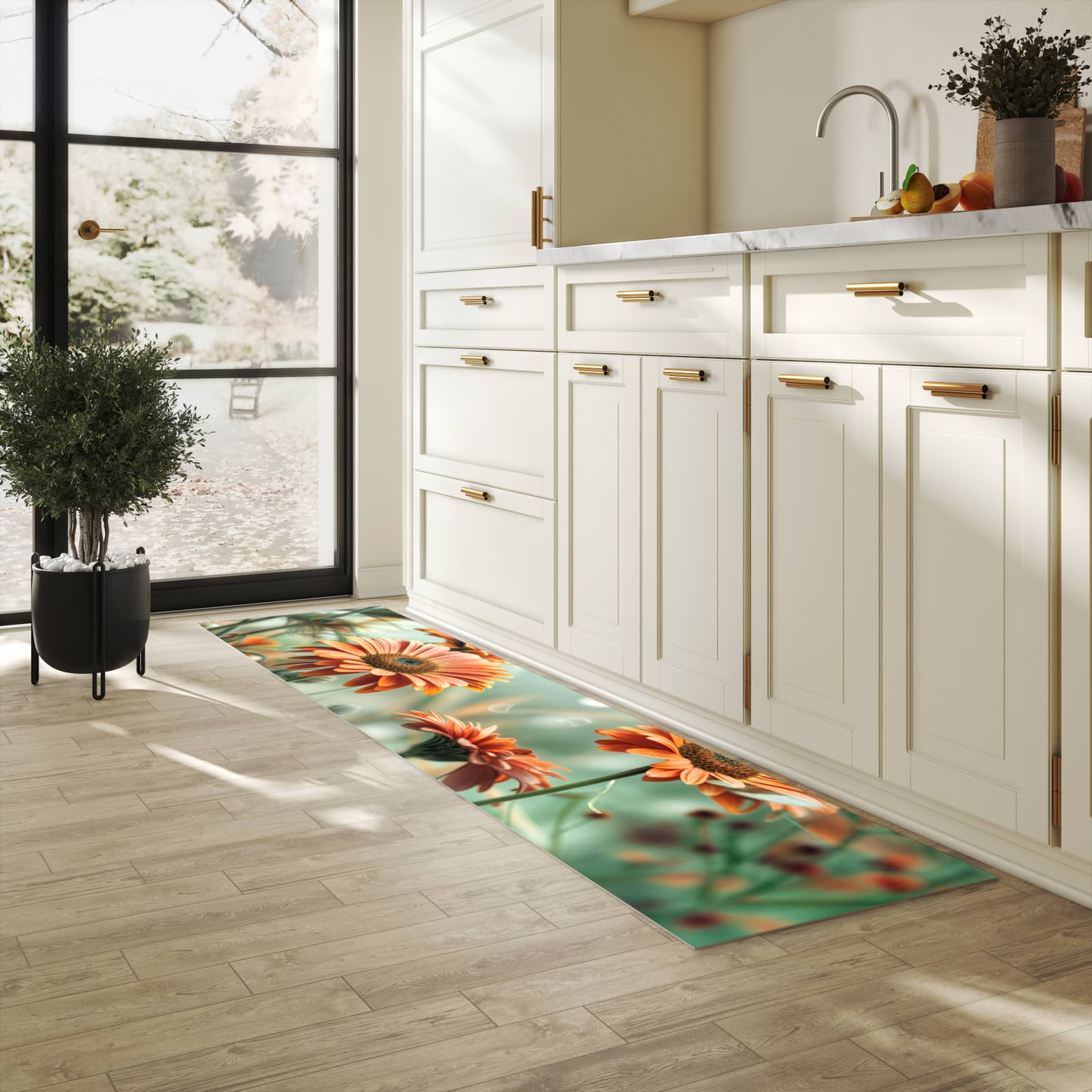 Rutschfester Küchenteppich mit Motiv Schmetterling Wiese in heller Küche