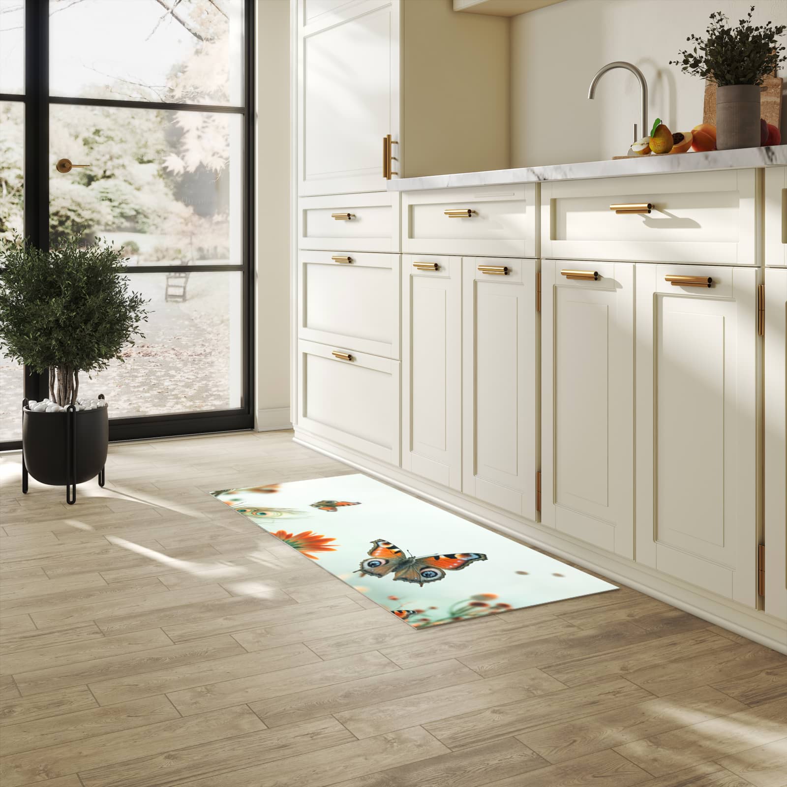 Strapazierfähiger dünner Küchenteppich mit Motiv Schmetterling Wiese in heller Küche