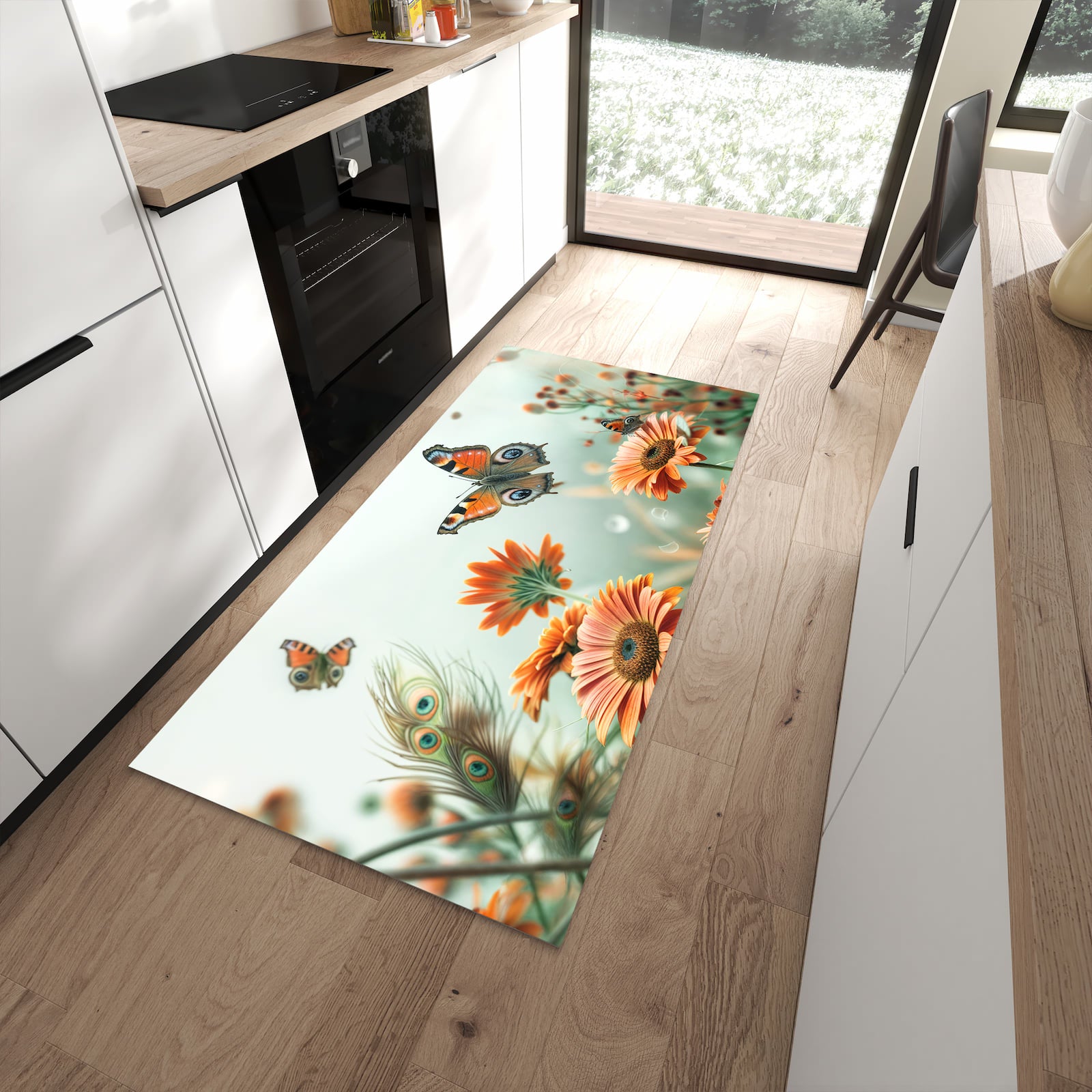 Geruchsneutraler Küchenteppich mit Motiv Schmetterling Wiese in moderner Küche
