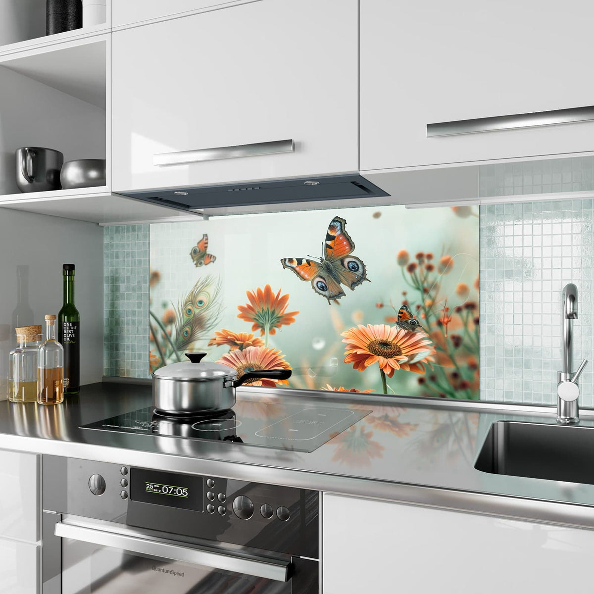 Küchenrückwand aus Glas Falter und Gerbera im Hochformat als Spritzschutz hinter dem Kochfeld, über dem Fliesenspiegel montiert