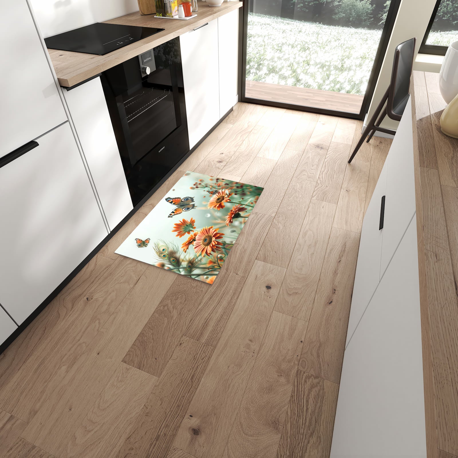 UV-beständiger abwaschbarer Küchenläufer mit Motiv Schmetterling Wiese in moderner Küche