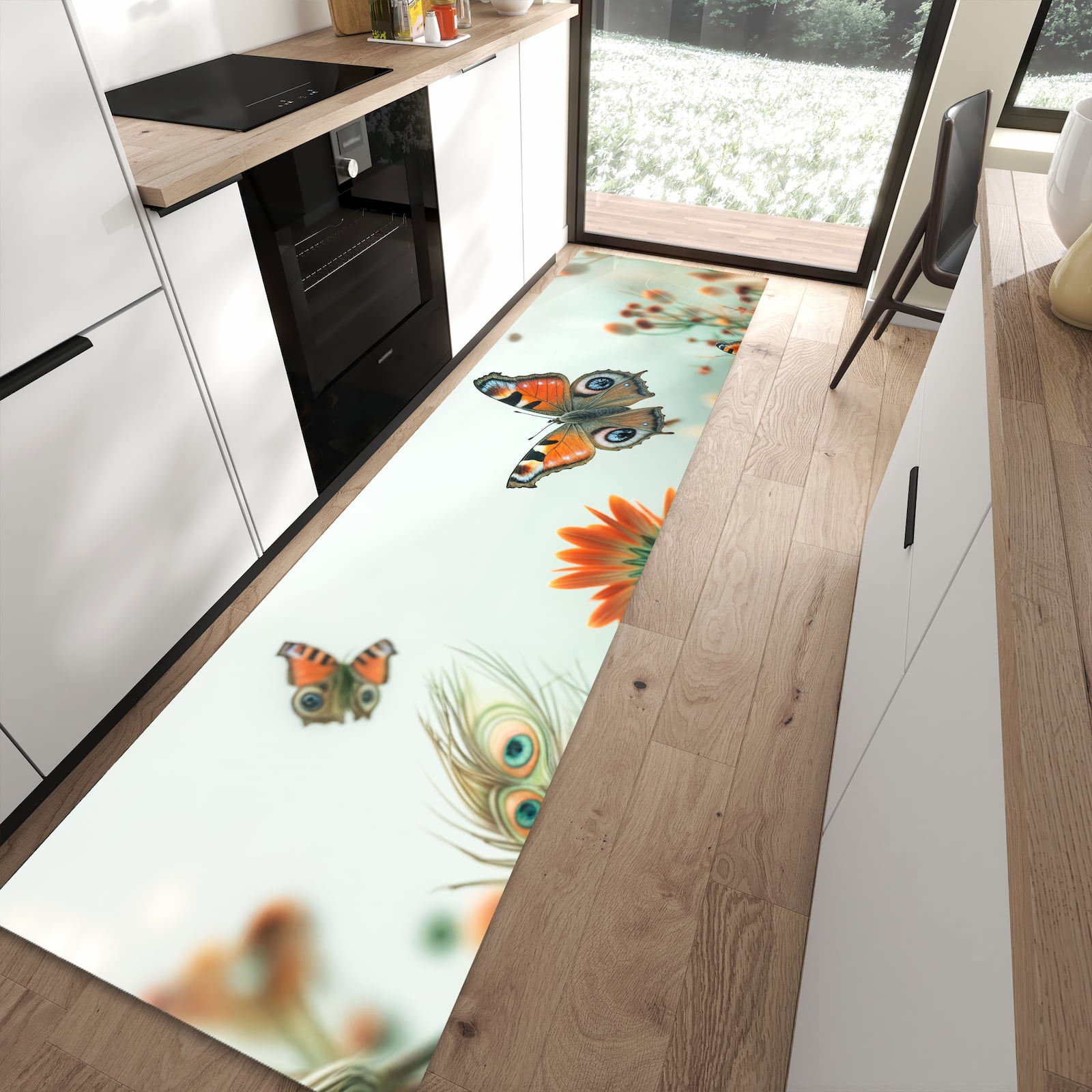 Schmutzabweisender Küchenteppich mit Motiv Schmetterling Wiese in moderner Küche