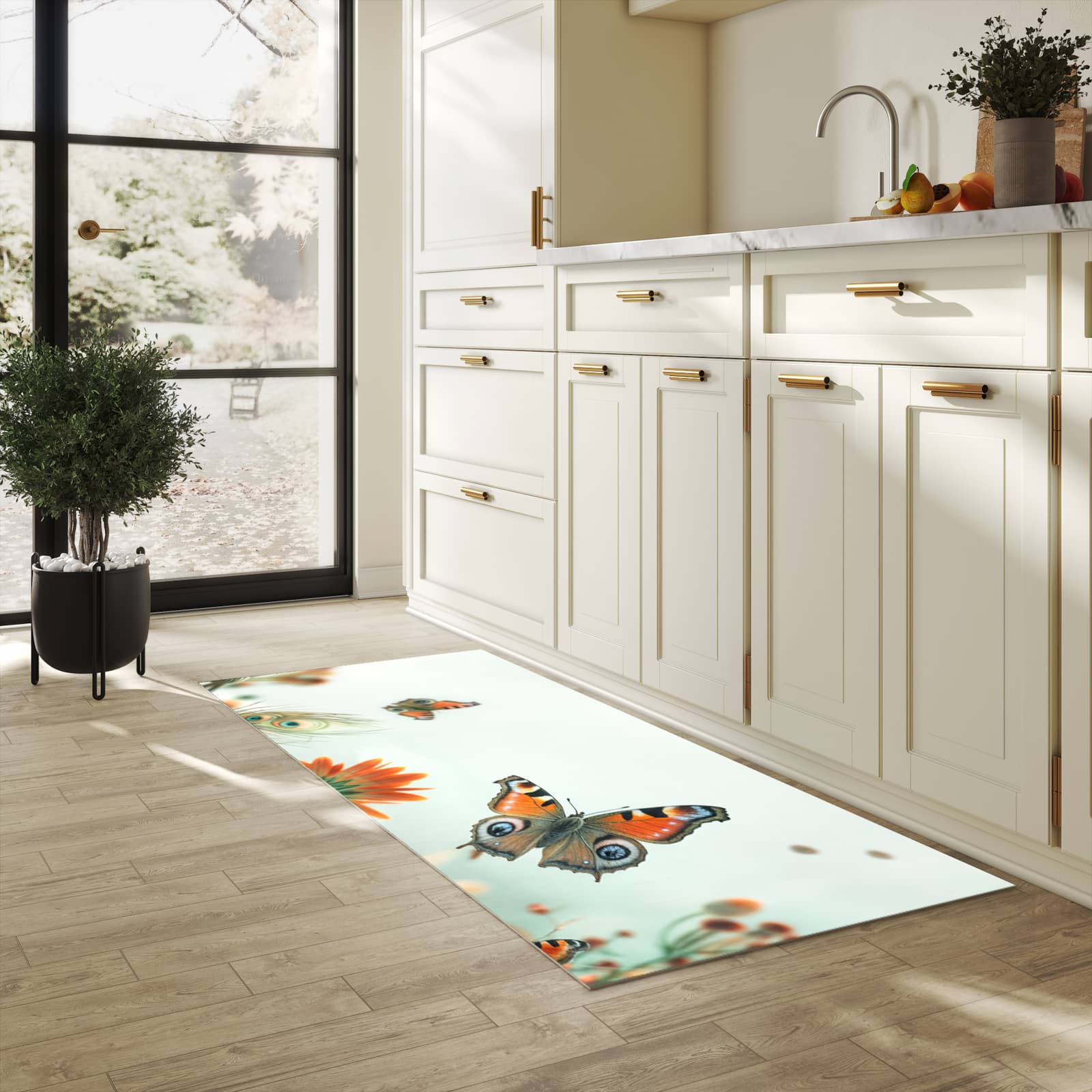 Küchenteppich mit Motiv Schmetterling Wiese für Ordnung & Übersicht in heller Küche