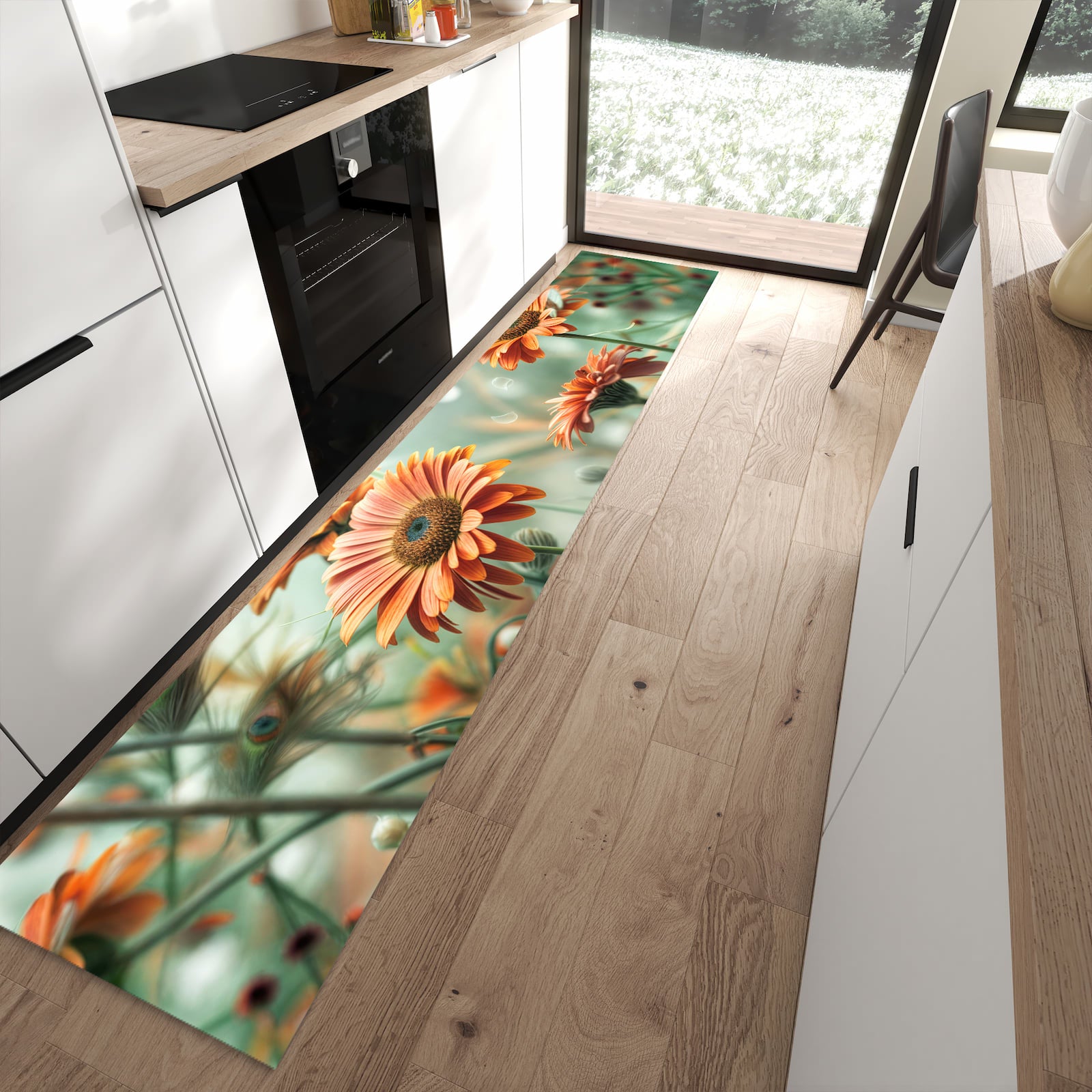 Abriebfester moderner Küchenläufer mit Motiv Schmetterling Wiese in moderner Küche