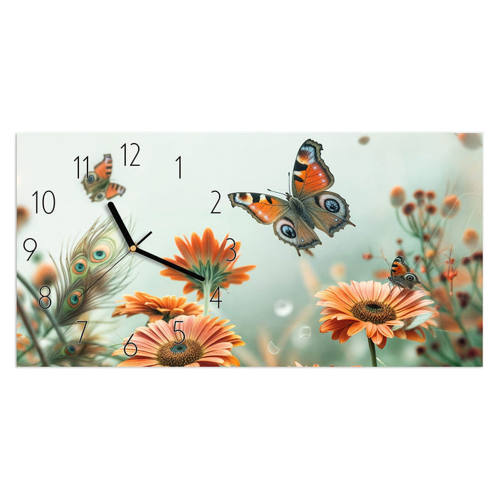 Wanduhr Schmetterling Wiese aus Glas – Querformat 60 × 30 cm mit Ziffernblatt Elegant