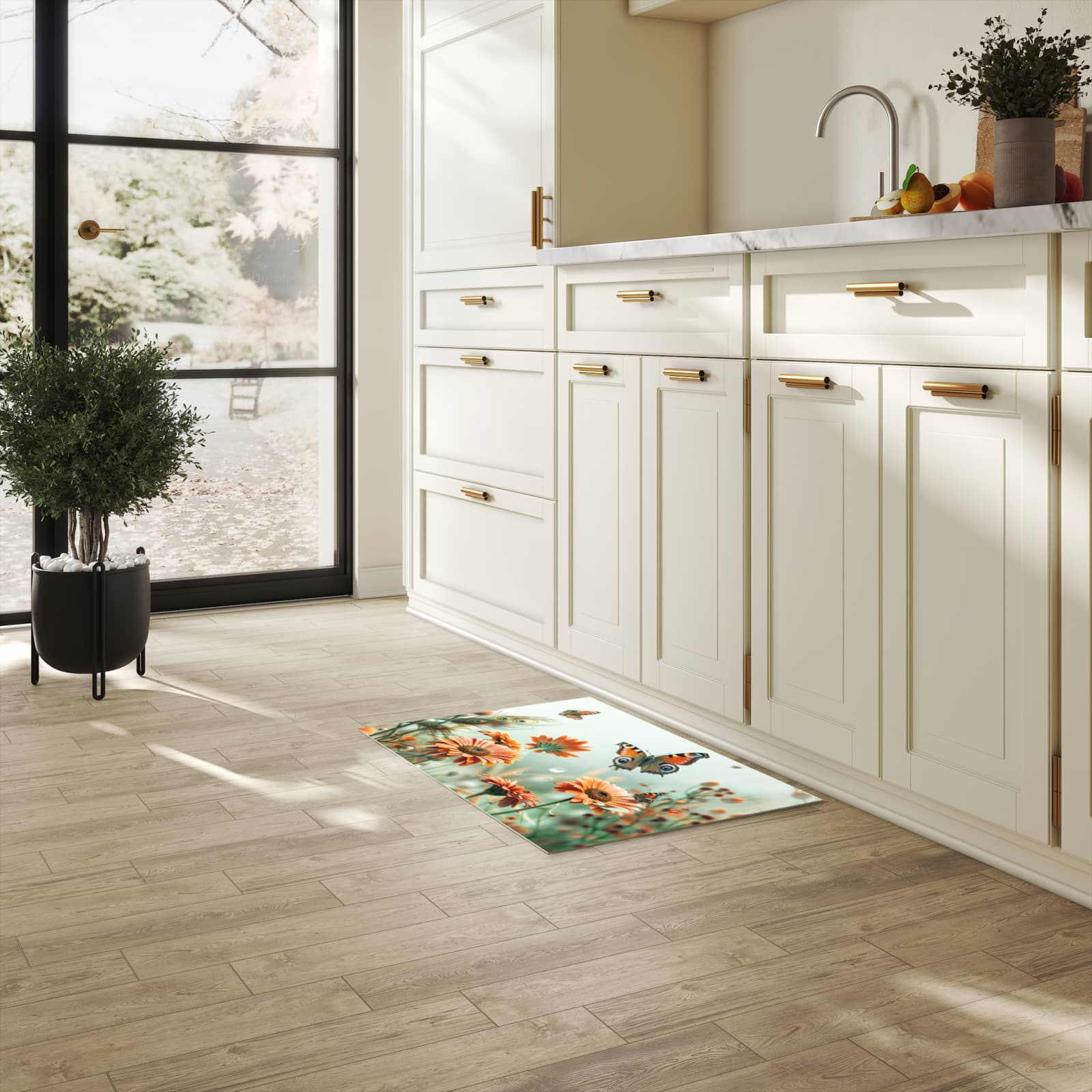 Bodenschonender Bodenläufer-Teppich mit Motiv Schmetterling Wiese in heller Küche