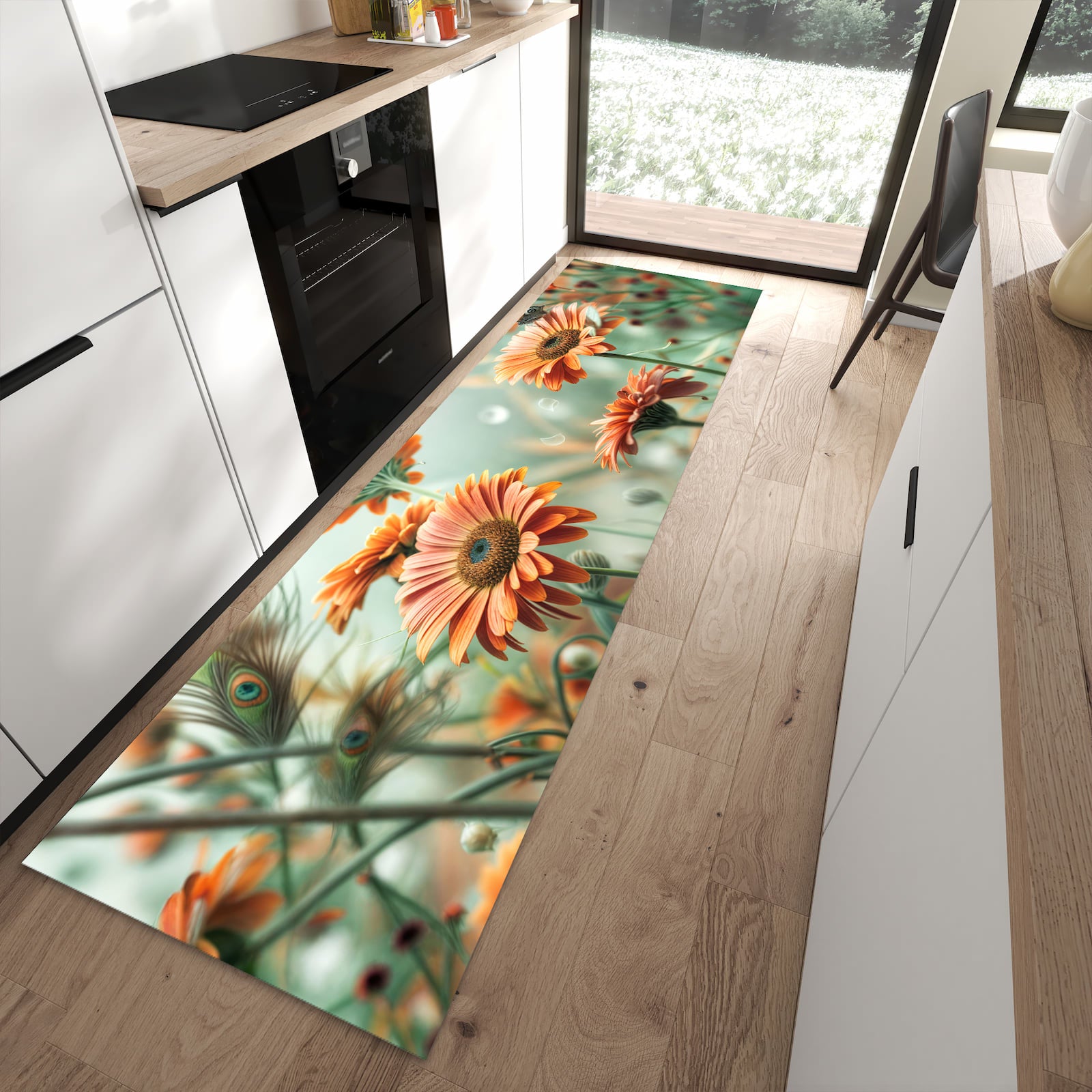 Fleckenresistenter Küchenteppich mit Motiv Schmetterling Wiese in moderner Küche