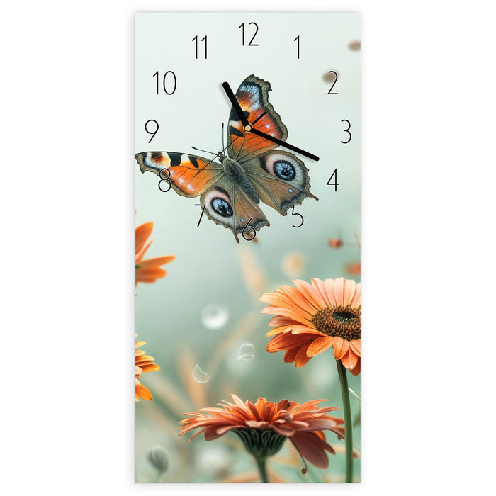 Wanduhr Schmetterling Wiese aus Glas – Hochformat 30 × 60 cm mit Ziffernblatt Elegant