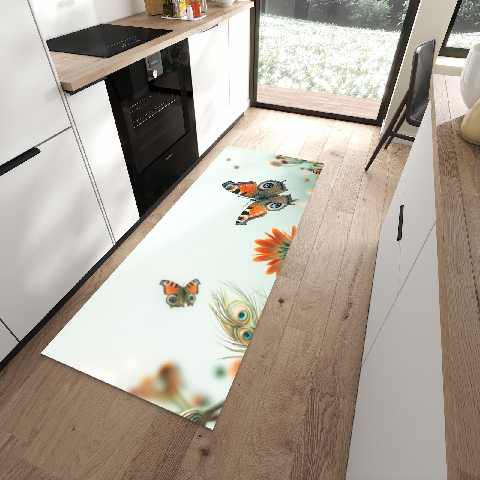 Komfortabler Küchenteppich mit Motiv Schmetterling Wiese in moderner Küche - abwaschbar