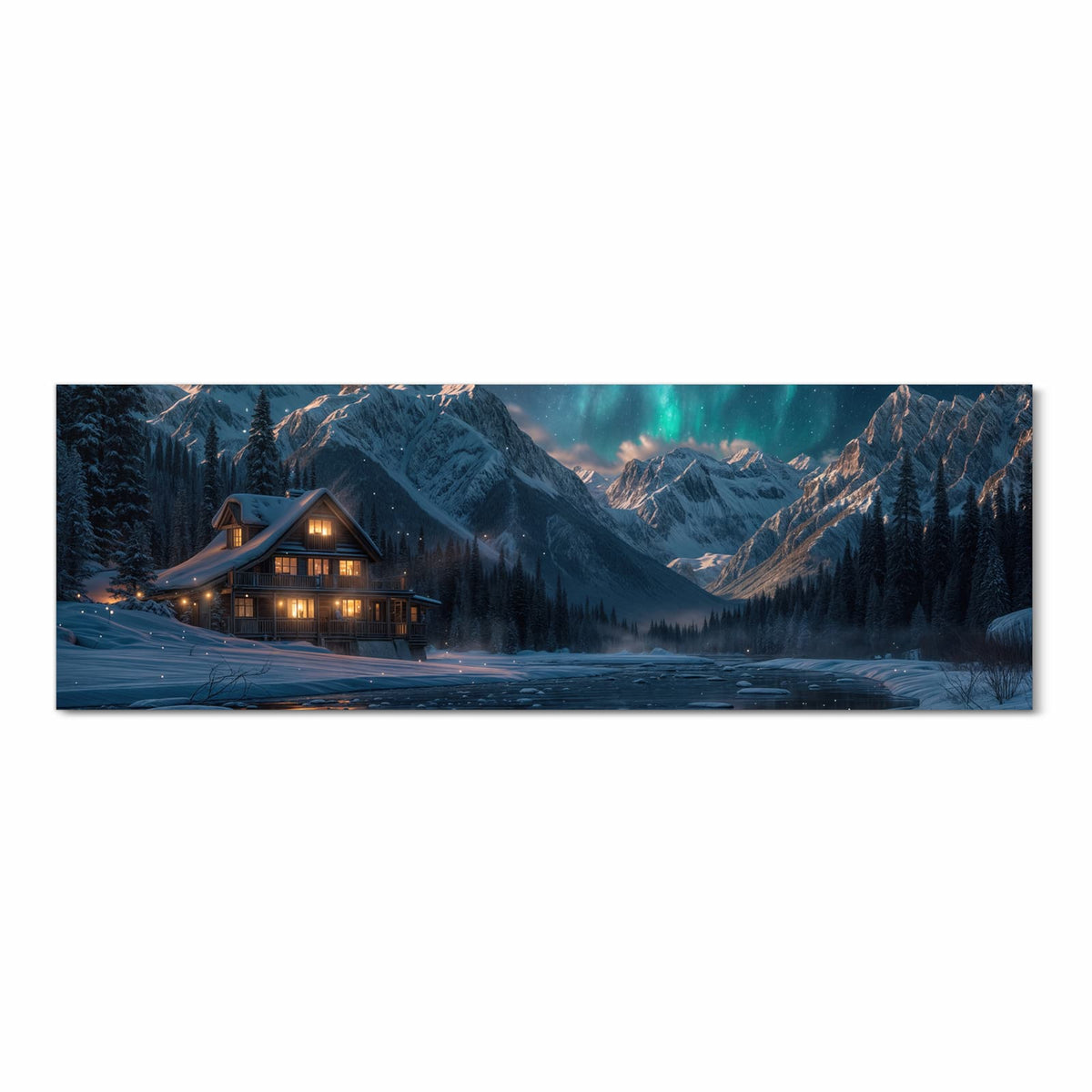 Küchenteppich mit Motiv Berghütte im Winter in Frontansicht für sicheres Aufbewahren