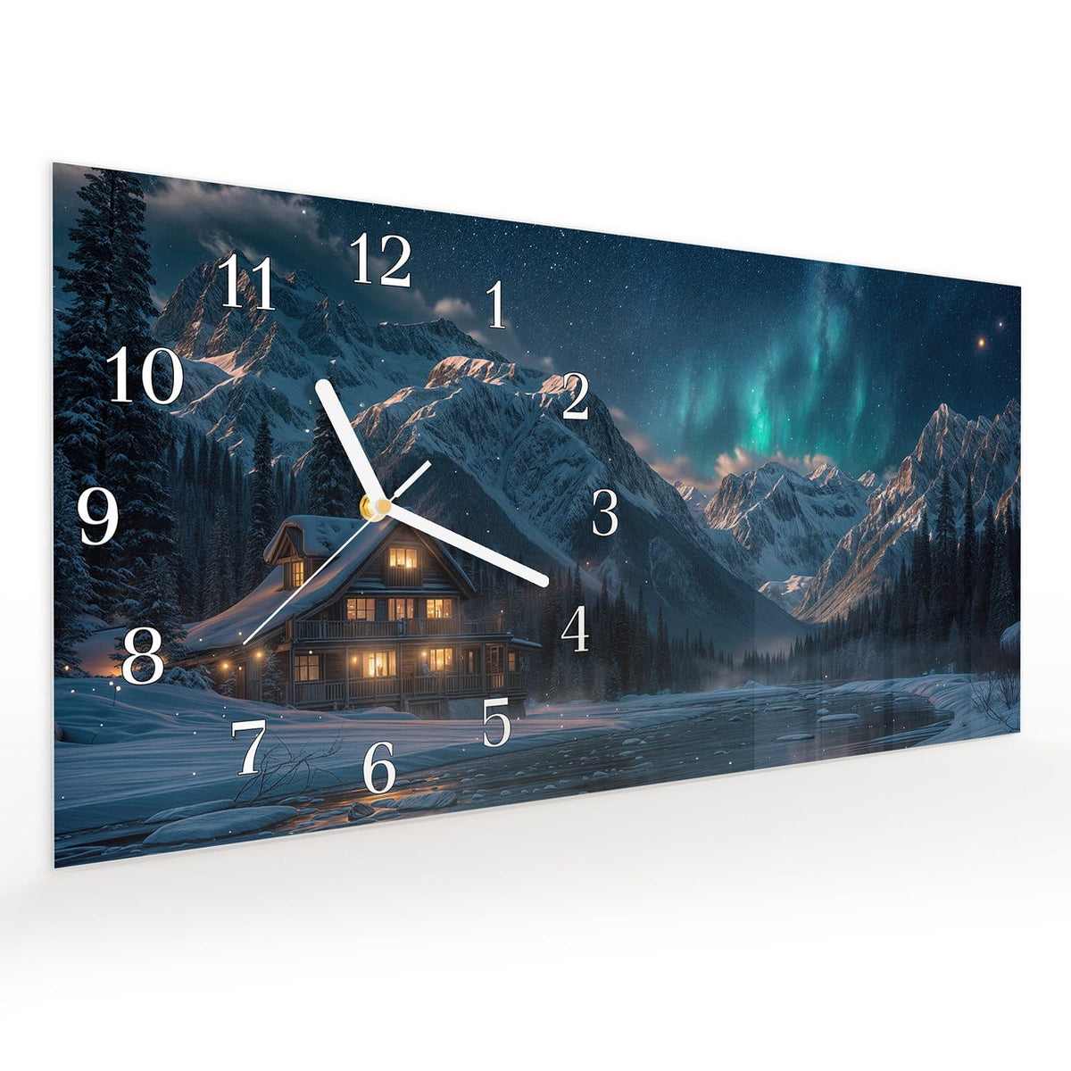 Vormontiert – mit Schwebeeffekt – Wanduhr Berghütte im Winter aus Glas – Querformat 60 × 30 cm