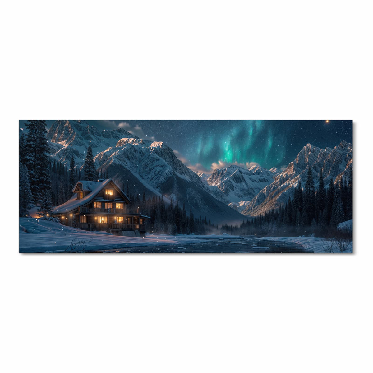 Formstabiler abwaschbarer Küchenteppich mit Motiv Berghütte im Winter in Frontansicht